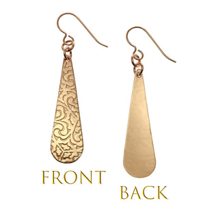 3 of 7: Damask Embossed Bronze Long Teardrop Earrings Front and Back Views