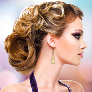 5 of 7: Stunning Woman Wearing Damask Embossed Bronze Long Teardrop Earrings