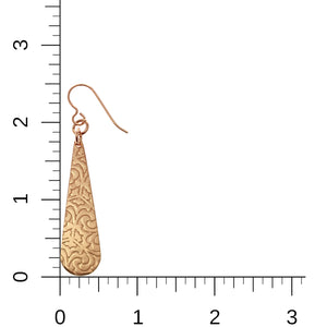 4 of 7: Damask Embossed Bronze Long Teardrop Earrings on Ruler for Size Dimensions