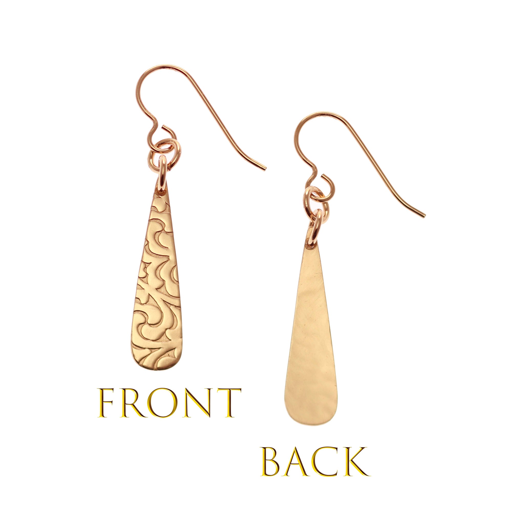Front and Back Views of Damask Embossed Mini Bronze Teardrop Earrings