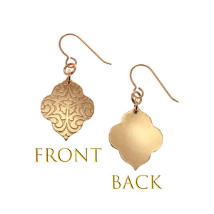 3 of 8: Damask Embossed Bronze Quatrefoil Drop Earrings Front and Back Views