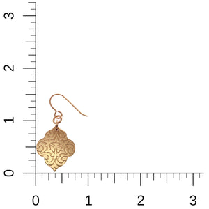 5 of 8: Damask Embossed Bronze Quatrefoil Drop Earrings on Ruler for Size Dimensions
