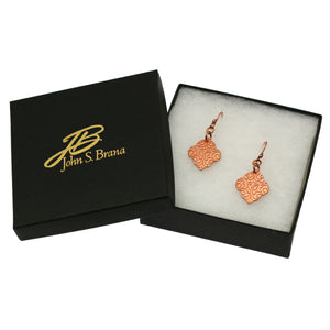 7 of 7: Damask Embossed Copper Quatrefoil Drop Earrings in Black Gift Box