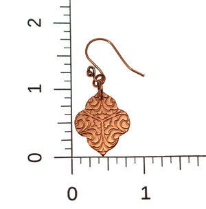 5 of 7: Damask Embossed Copper Quatrefoil Drop Earrings on Ruler for Size Dimensions