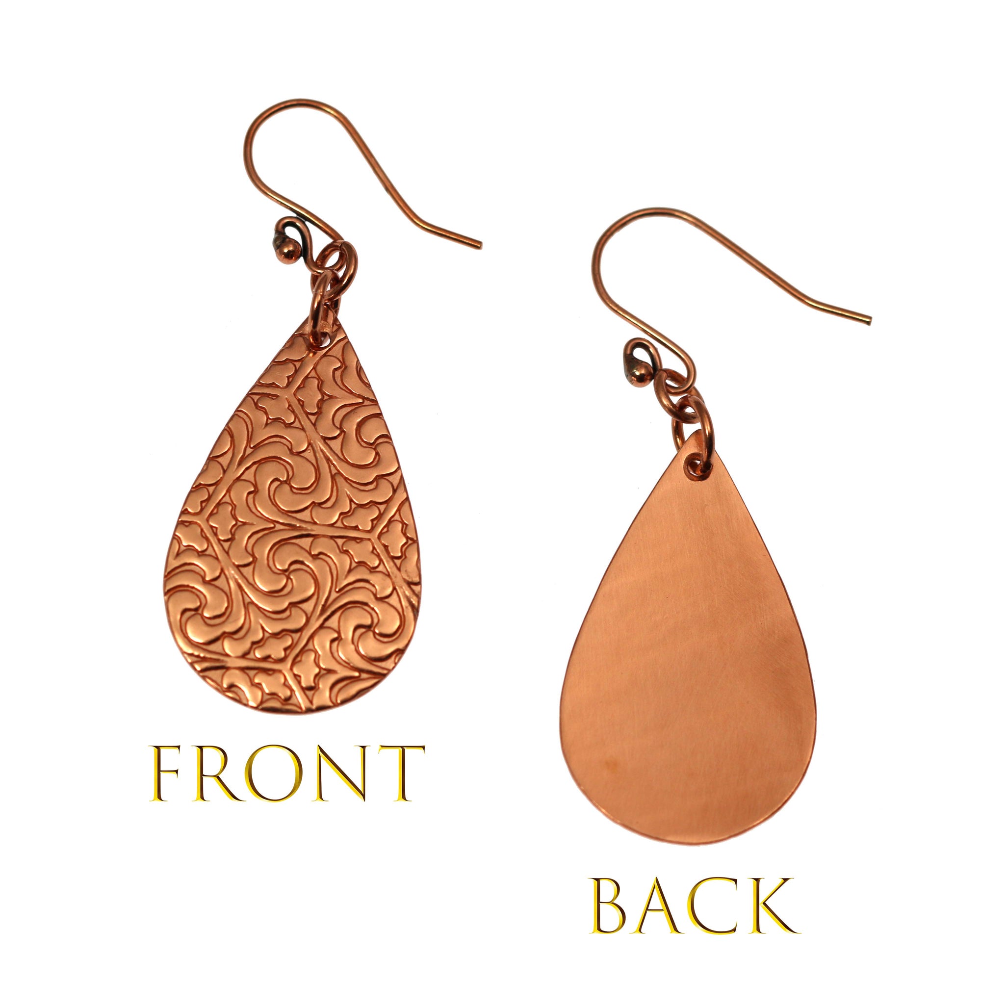 Front and Back View of Damask Embossed Small Copper Teardrop Earrings
