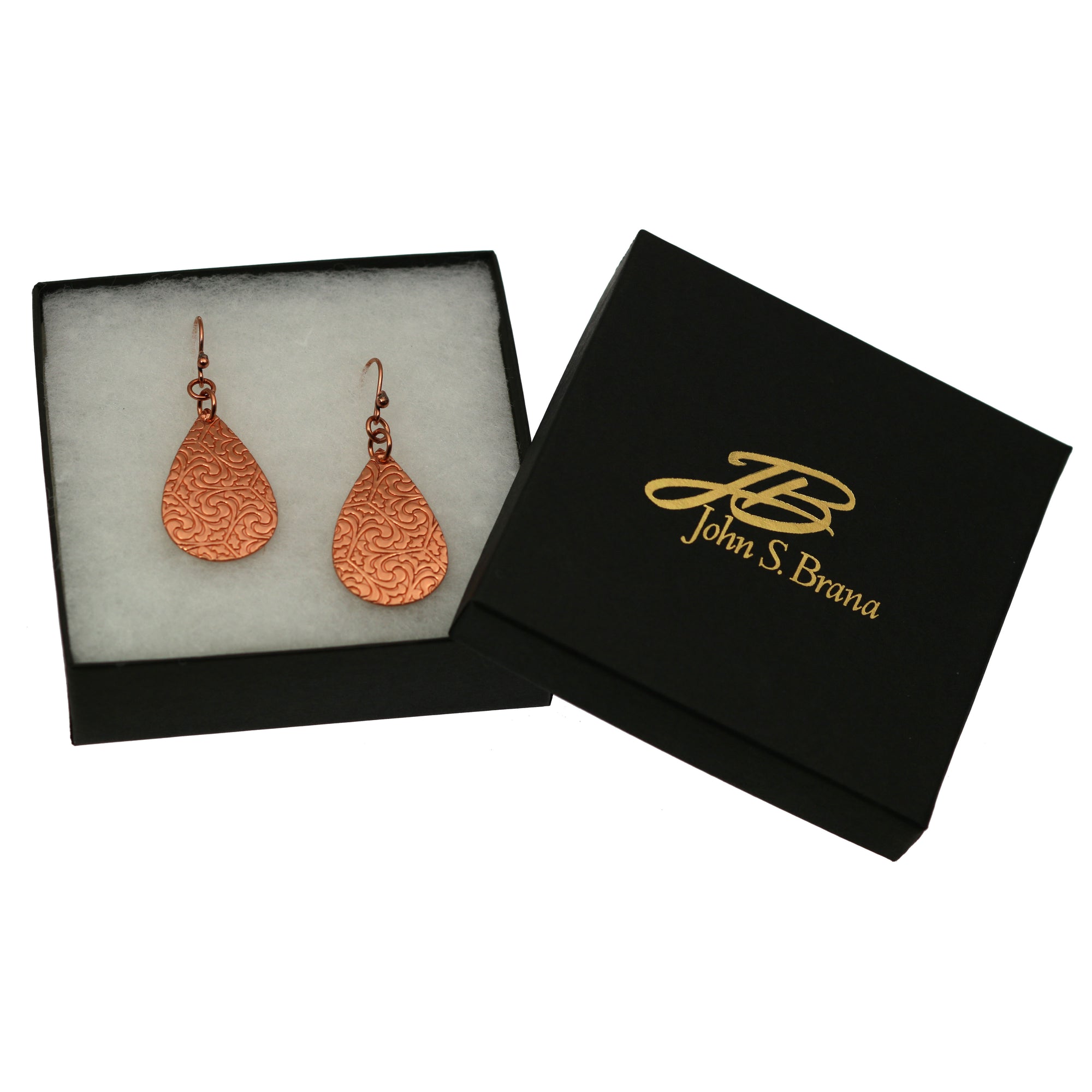 Damask Embossed Small Copper Teardrop Earrings Displayed in Black Gift Box