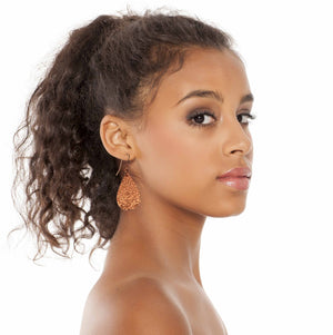 4 of 7: Elegant Female Model Wearing Damask Embossed Small Copper Teardrop Earrings