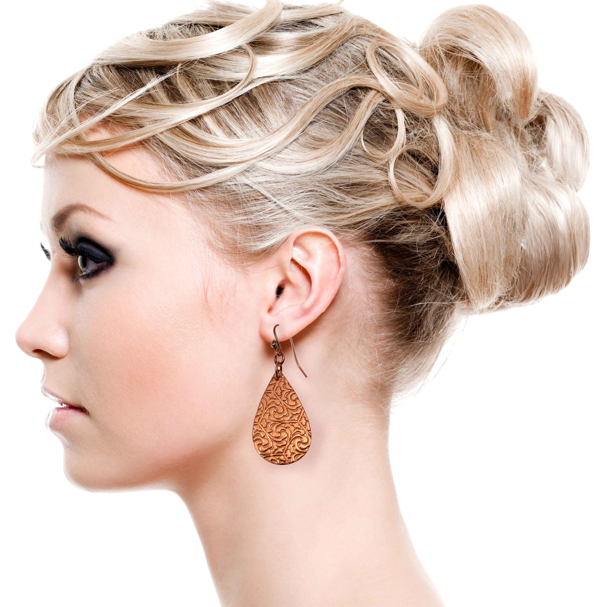 Blonde Female Model Wearing Damask Embossed Small Copper Teardrop Earrings