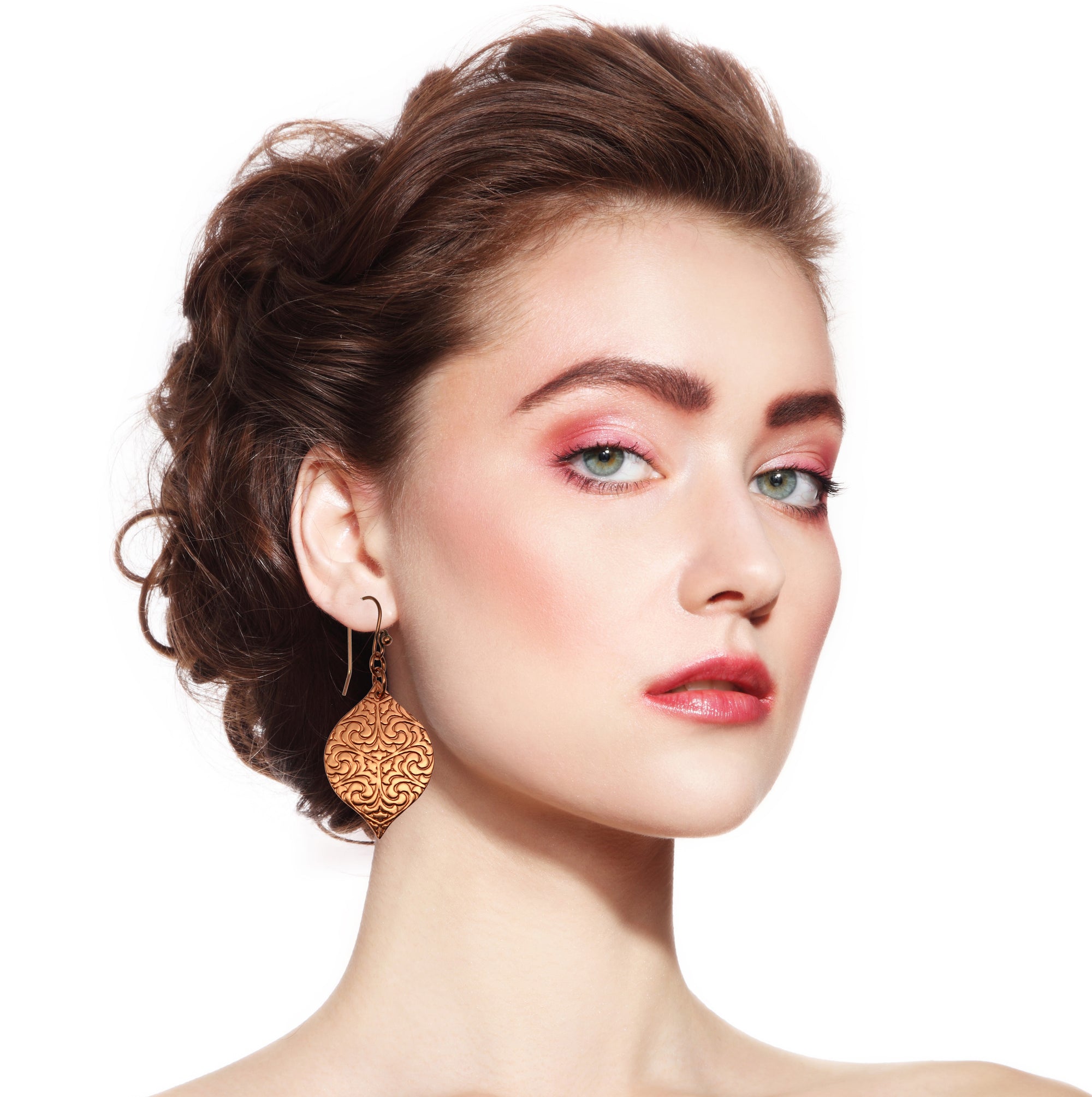 Stunning Woman Wearing Damask Embossed Marrakesh Copper Drop Earrings