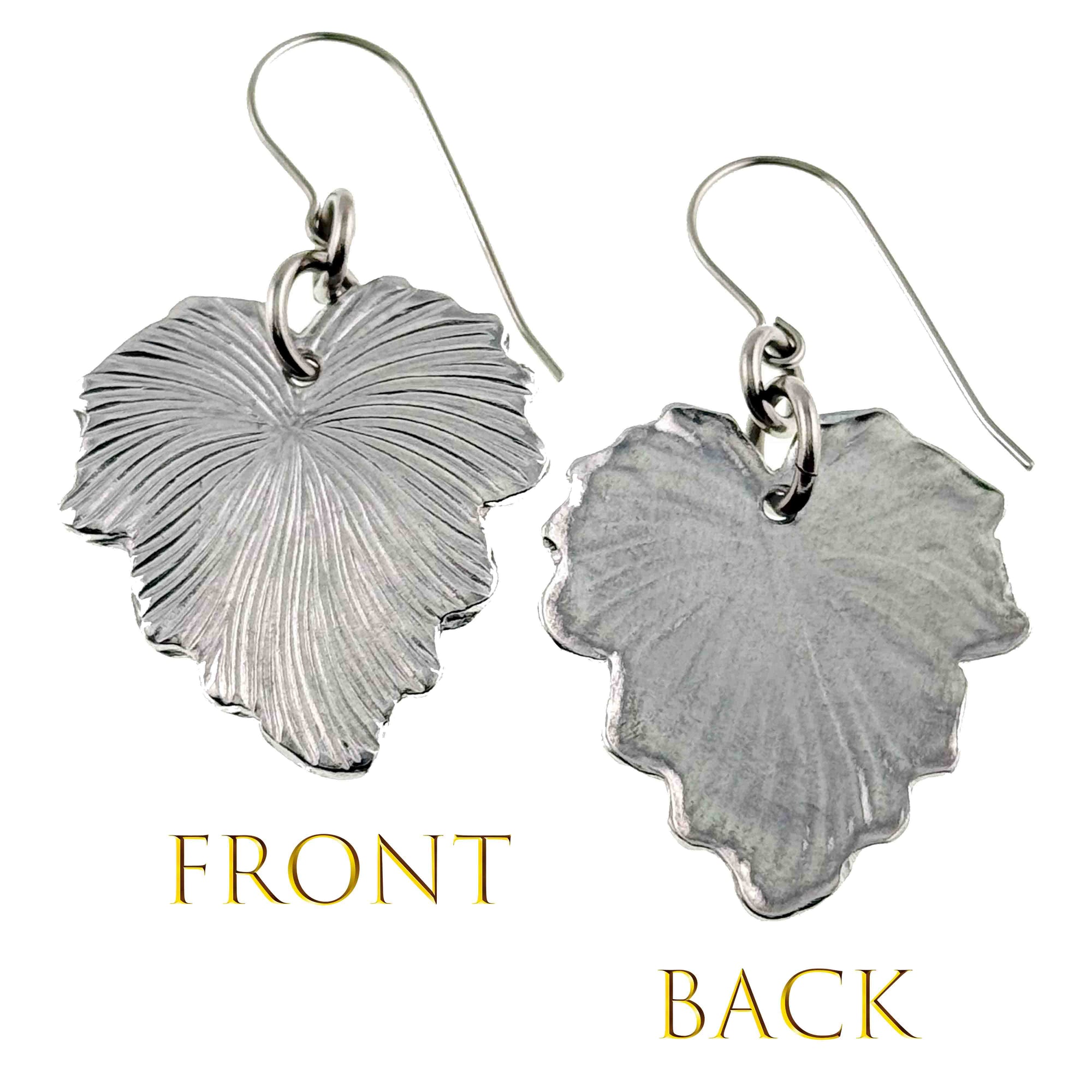 Front and Back Views of Grape Leaf Aluminum Dangle Earrings