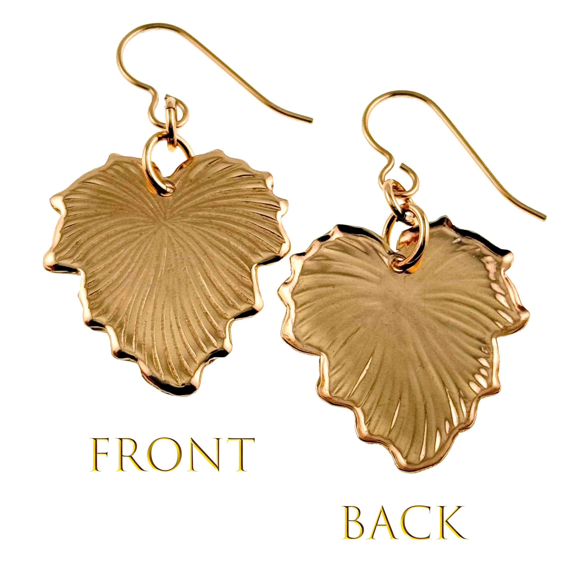 Grape Leaf Bronze Dangle Earrings showing front and back views on a white background.