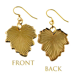 3 of 7: Grape Leaf Nu Gold Brass Dangle Earrings showing front and back views on a white background