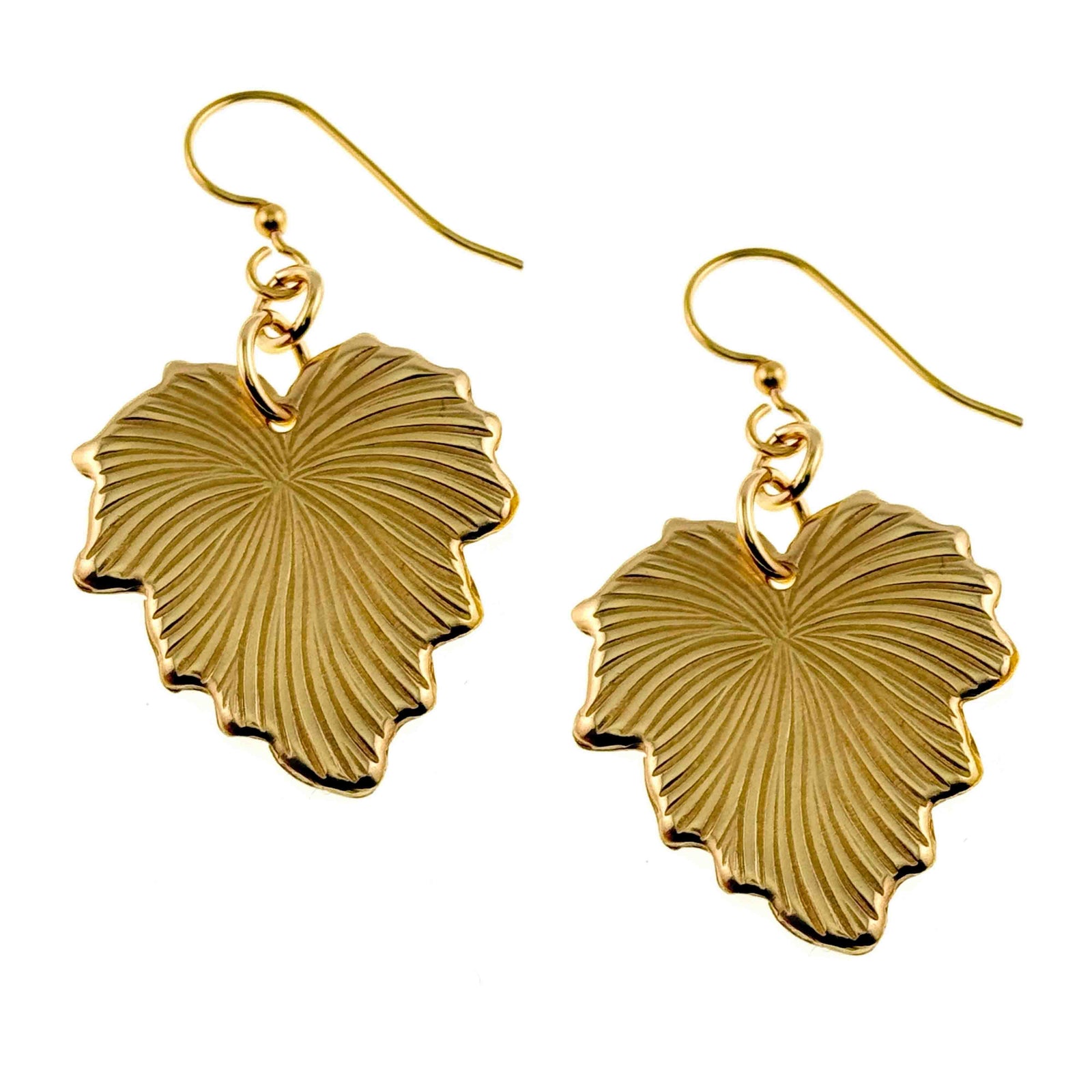 Grape Leaf Nu Gold Brass Dangle Earrings on a white background