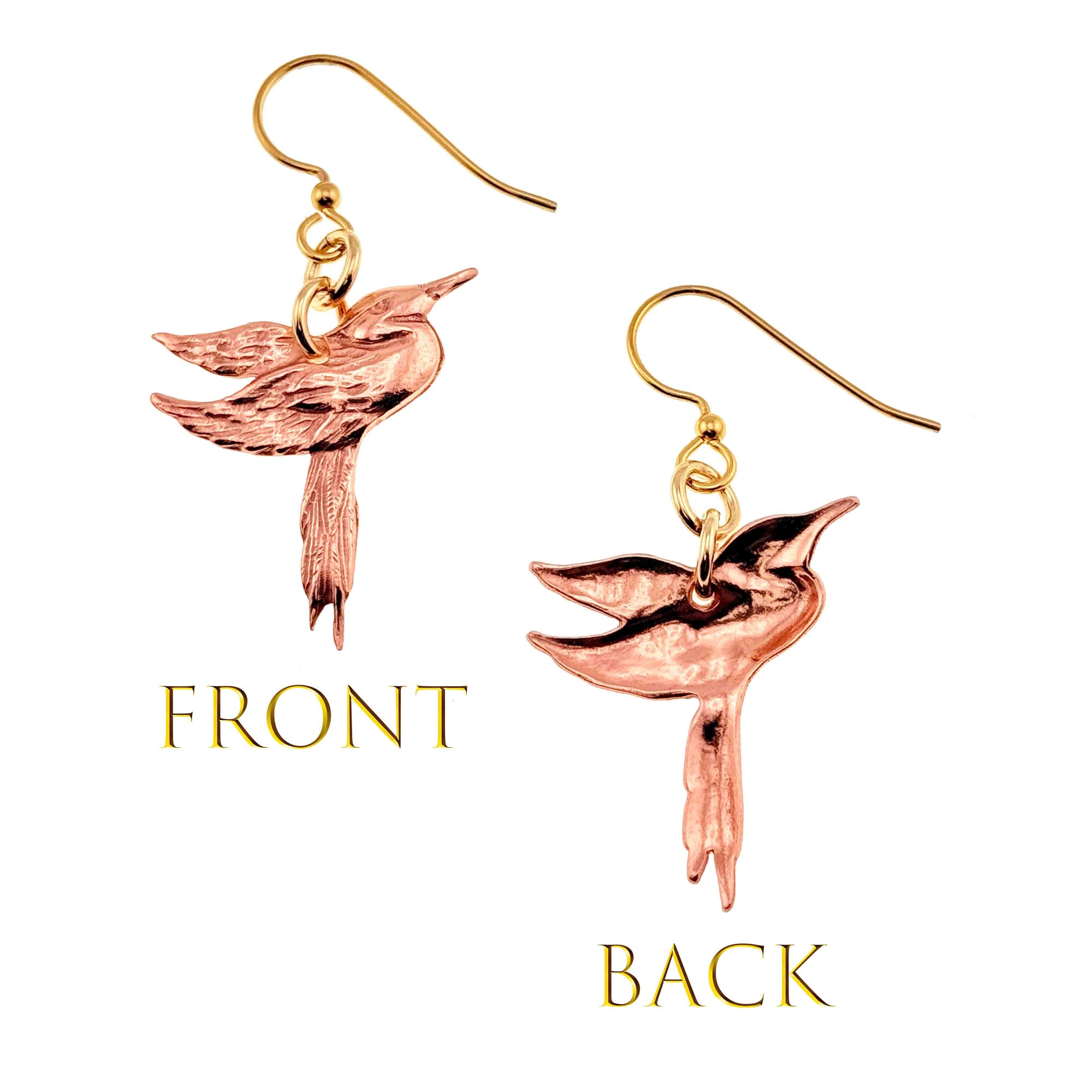 Great Blue Heron Copper Dangle Earrings showing front and back views on a white background.
