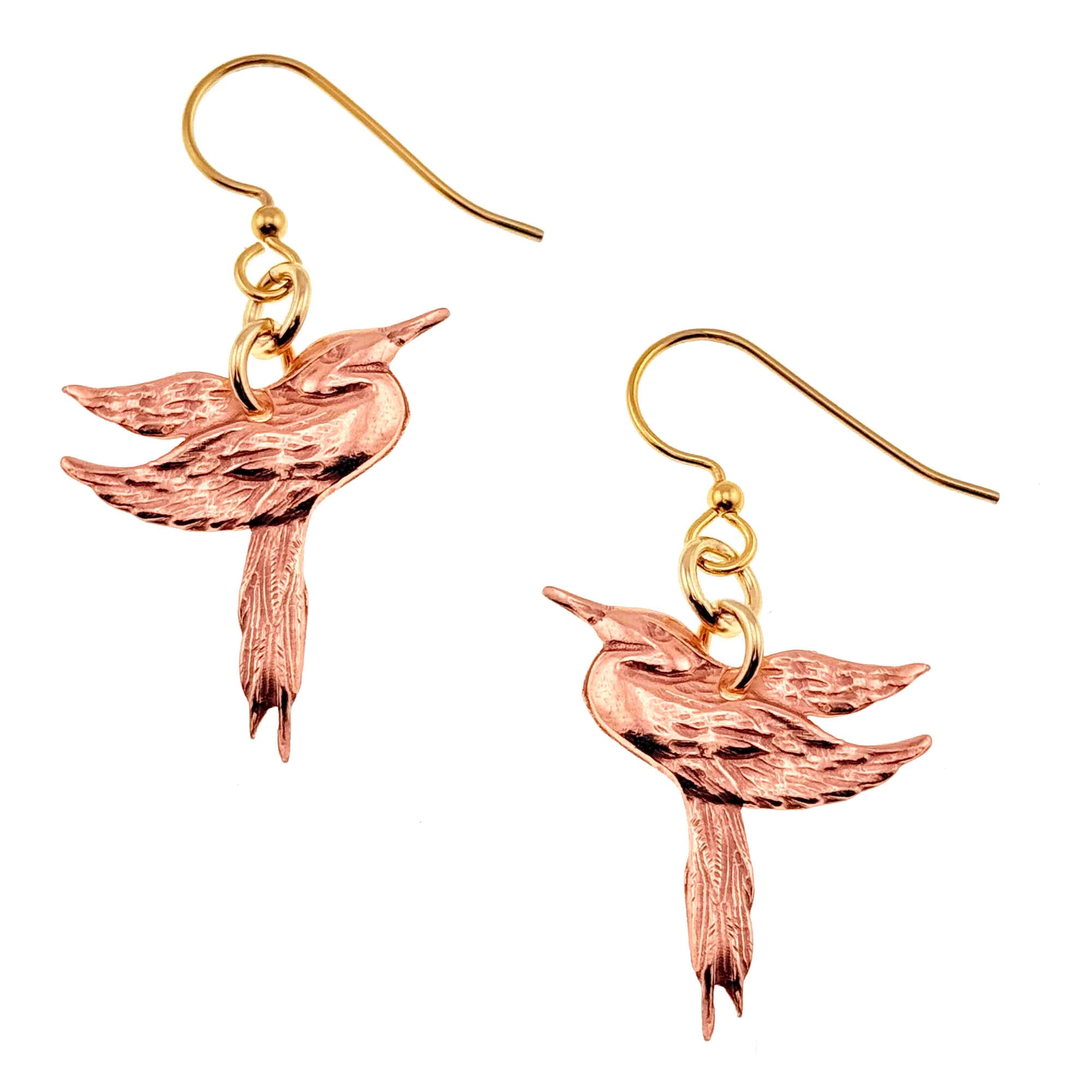 Great Blue Heron Copper Dangle Earrings on a white background