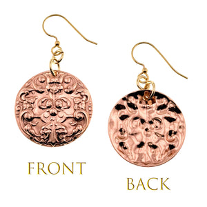 3 of 7: Front and Back Views of Green Man Forest Medallion Disc Earrings
