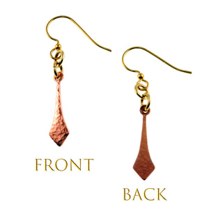 3 of 7: Front and back views of Hammered Copper Diamond Tip Drop Earrings on a white background. Each earring has a slim hand hammered copper drop ending in a pointed diamond shape, joined by small gold tone rings to a brass French ear wire.