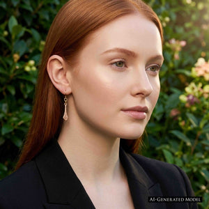 4 of 7: Woman with long red hair wearing a Hammered Copper Diamond Tip Drop Earring with a black blazer in a garden setting. The petite copper drop hangs below the earlobe and shows its warm color and hammered texture. Image includes an AI GENERATED MODEL label.