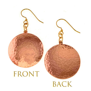 3 of 7: Front and back views of Hammered Copper Disc Earrings on a white background. The round copper discs show a hand hammered texture and bright polished finish, paired with warm brass French ear wires and connecting rings.