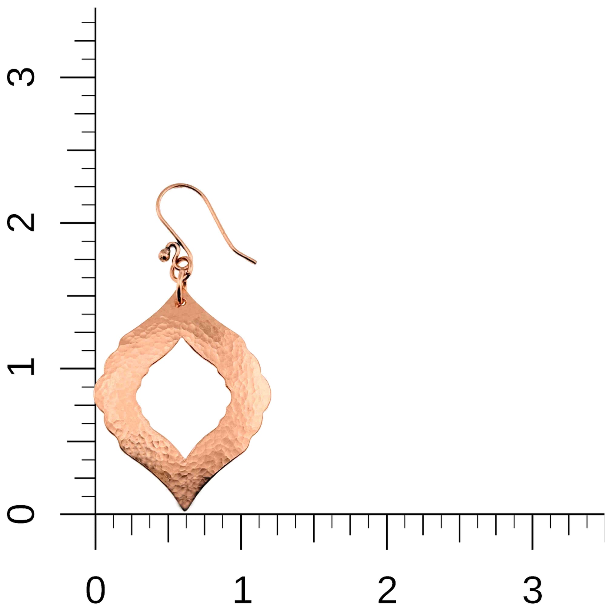 Hammered Copper Pierced Moroccan Drop Earrings on a Ruler for Size Dimensions