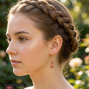 6 of 7: Close up side view of an AI generated female model wearing a hammered copper raindrop earring. Her braided brown hair is swept away from the ear, clearly showing the polished copper drop and brass French ear wire. Warm outdoor sunlight brings out the hammered texture against a soft green garden