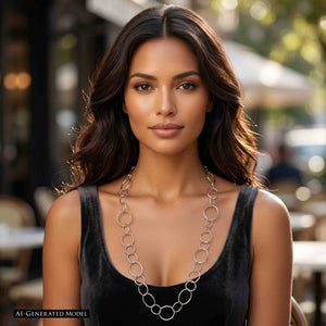 7 of 8: AI generated model wearing a long hammered stainless steel chain link necklace with mixed round link sizes. The silver tone necklace hangs over a black scoop neck top, while the brunette model is shown outdoors with a softly blurred café and street background.