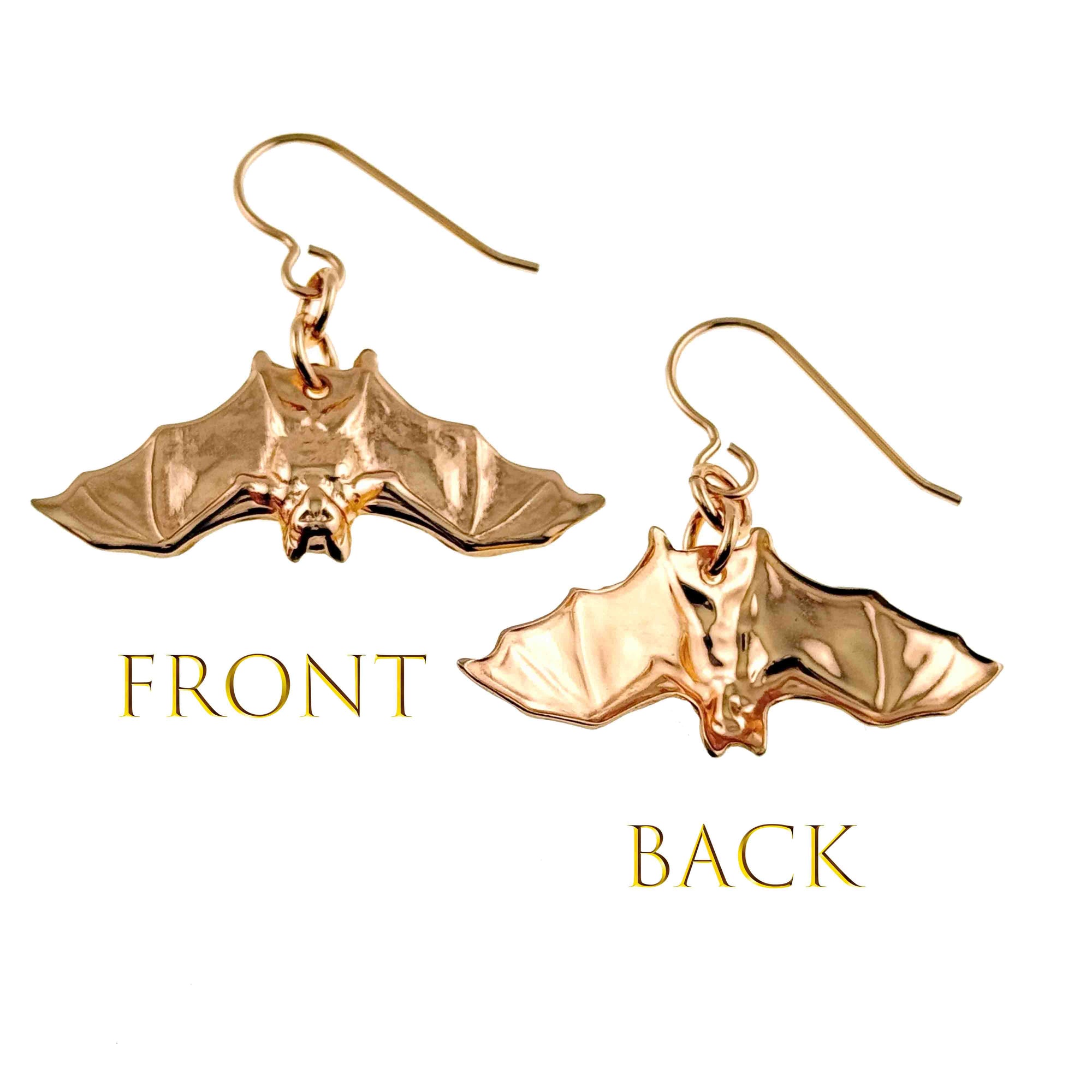 Hanging Bat Bronze Dangle Earrings showing front and back views on a white background.