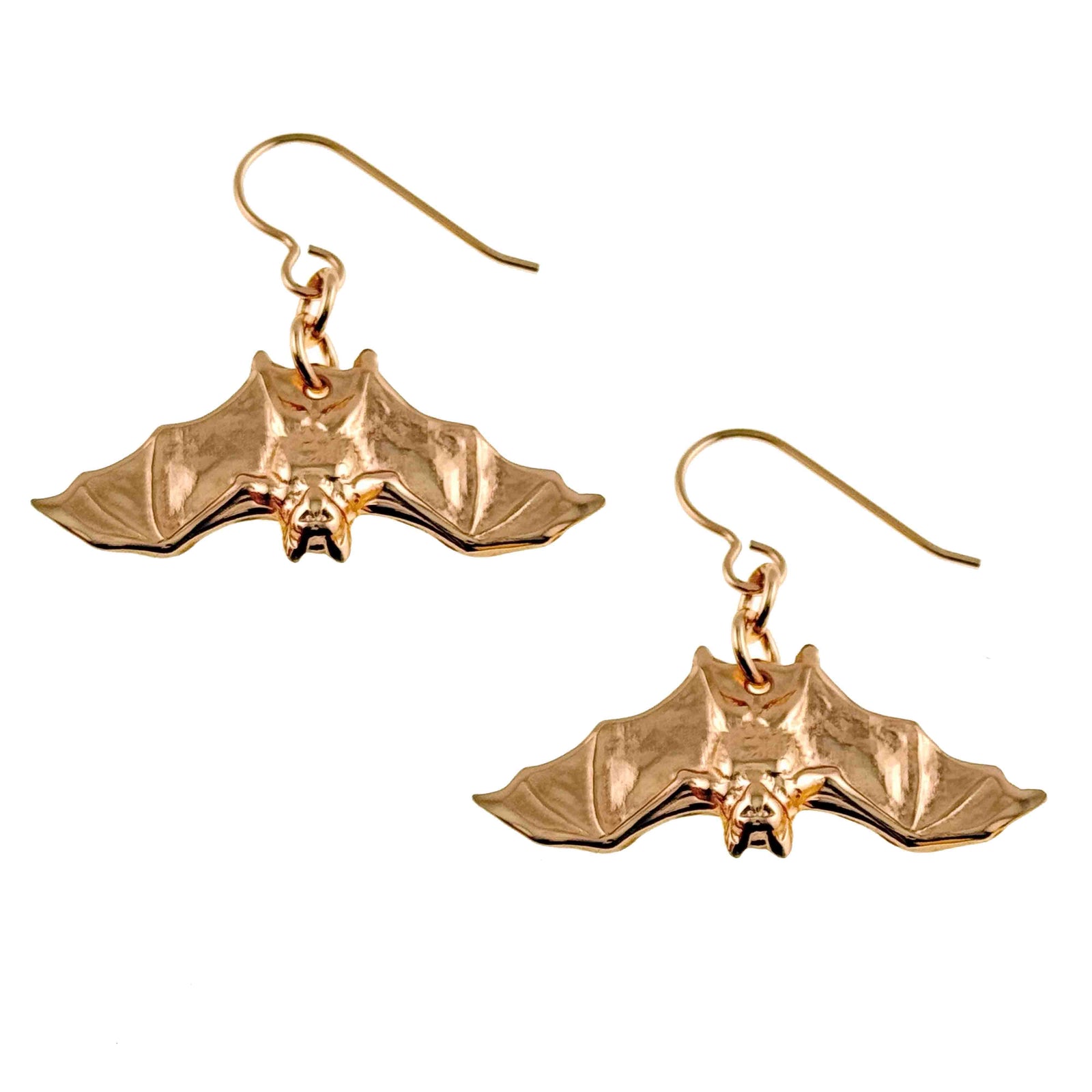 Hanging Bat Bronze Dangle Earrings on a white background