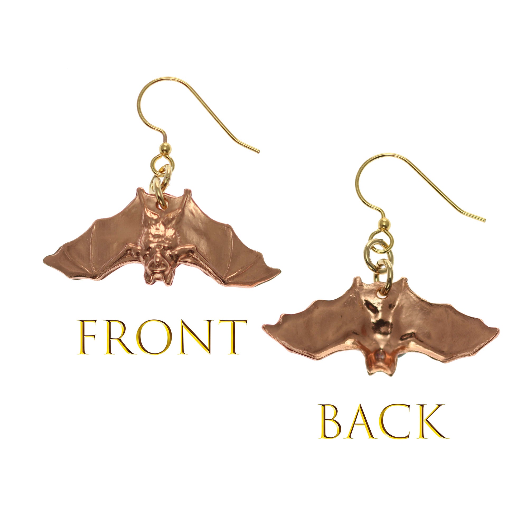 Hanging Bat Copper Dangle Earrings - Front and Back View