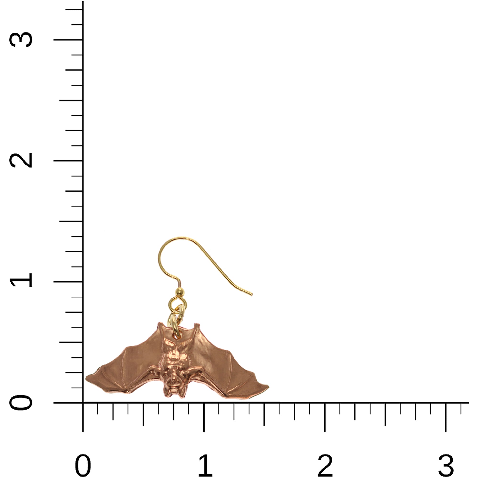 Hanging Bat Copper Dangle Earrings on Ruler for Dimensions