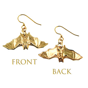 3 of 7: Hanging Bat Nu Gold Brass Dangle Earrings showing front and back views on a white background.