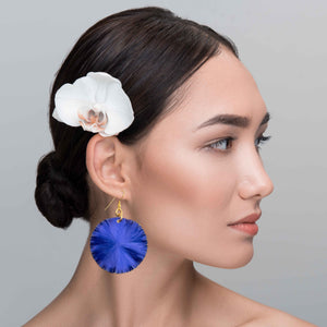 5 of 7: A Chic Woman Wearing Large Cobalt Blue Lily Pad Anodized Aluminum Leaf Earrings
