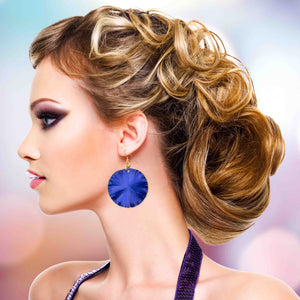 6 of 7: An Elegant Woman Wearing Large Cobalt Blue Lily Pad Anodized Aluminum Leaf Earrings