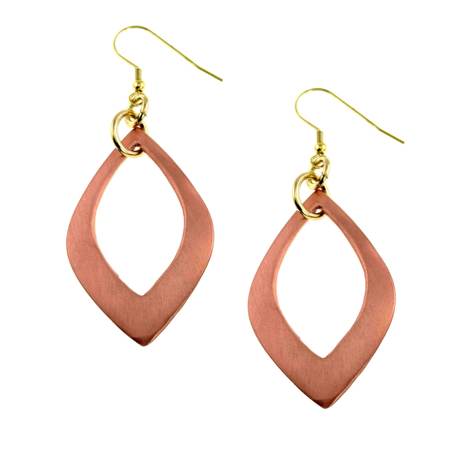 Large copper open marquise dangle earrings with a matte brushed finish and cutout center. The elongated marquise shaped frames hang from gold tone brass French ear wires with small connecting rings. Lightweight minimalist design in warm raw copper, approximately 3 inches long, creating elegant movement and a modern geometric look.