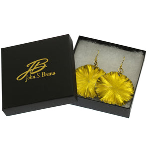 7 of 7: Large Canary Yellow Lily Pad Anodized Aluminum Leaf Earrings in a Black Gift Box with Gold Logo