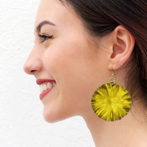 5 of 7: Chic Woman Wearing Large Canary Yellow Lily Pad Anodized Aluminum Leaf Earrings