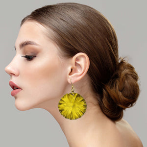 4 of 7: Elegant Woman Wearing Large Canary Yellow Lily Pad Anodized Aluminum Leaf Earrings