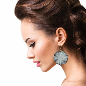 2 of 8: Elegant Women Wearing Large Lily Pad Anodized Aluminum Pewter Gray Leaf Earrings