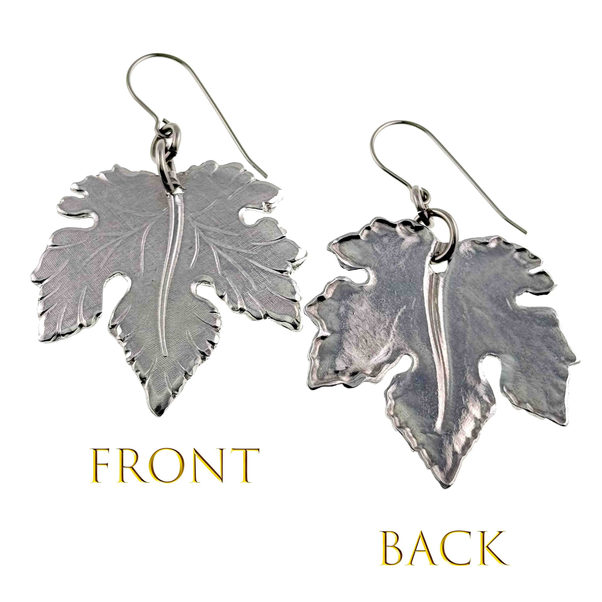 Large Maple Leaf Aluminum Dangle Earrings showing front and back views on a white background