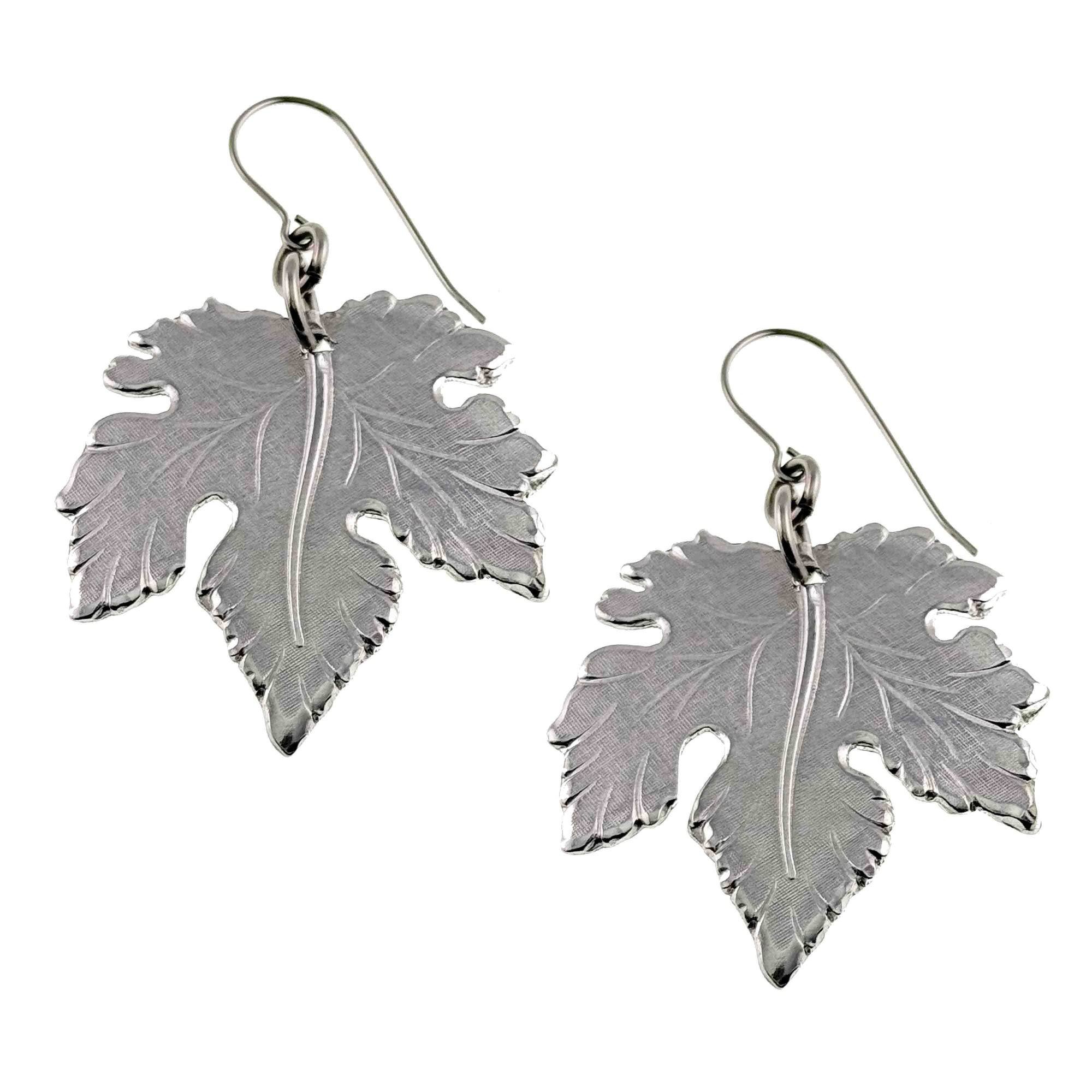Large Maple Leaf Aluminum Dangle Earrings on a white background