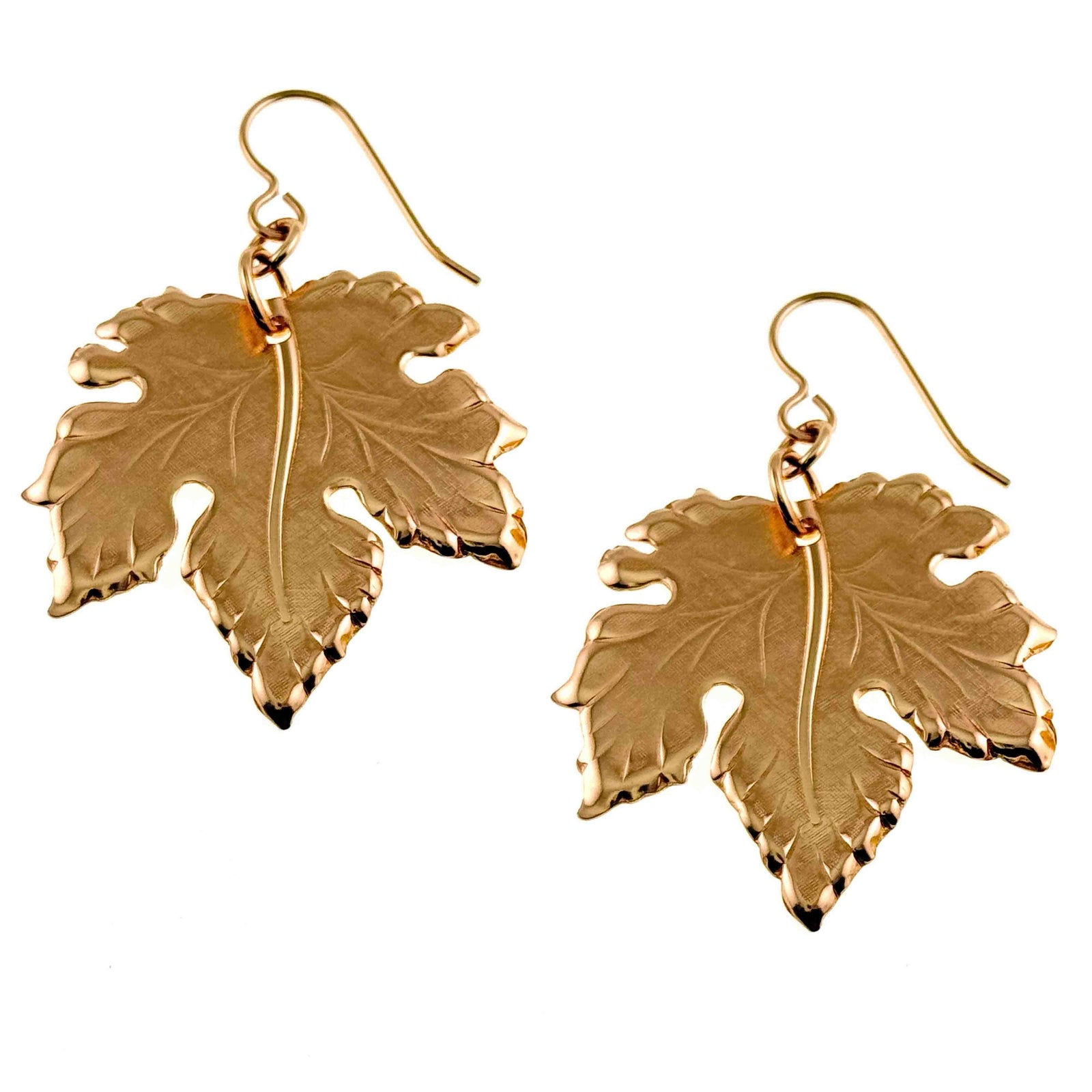 A Pair of Large Maple Leaf Bronze Dangle Earrings on a White Background