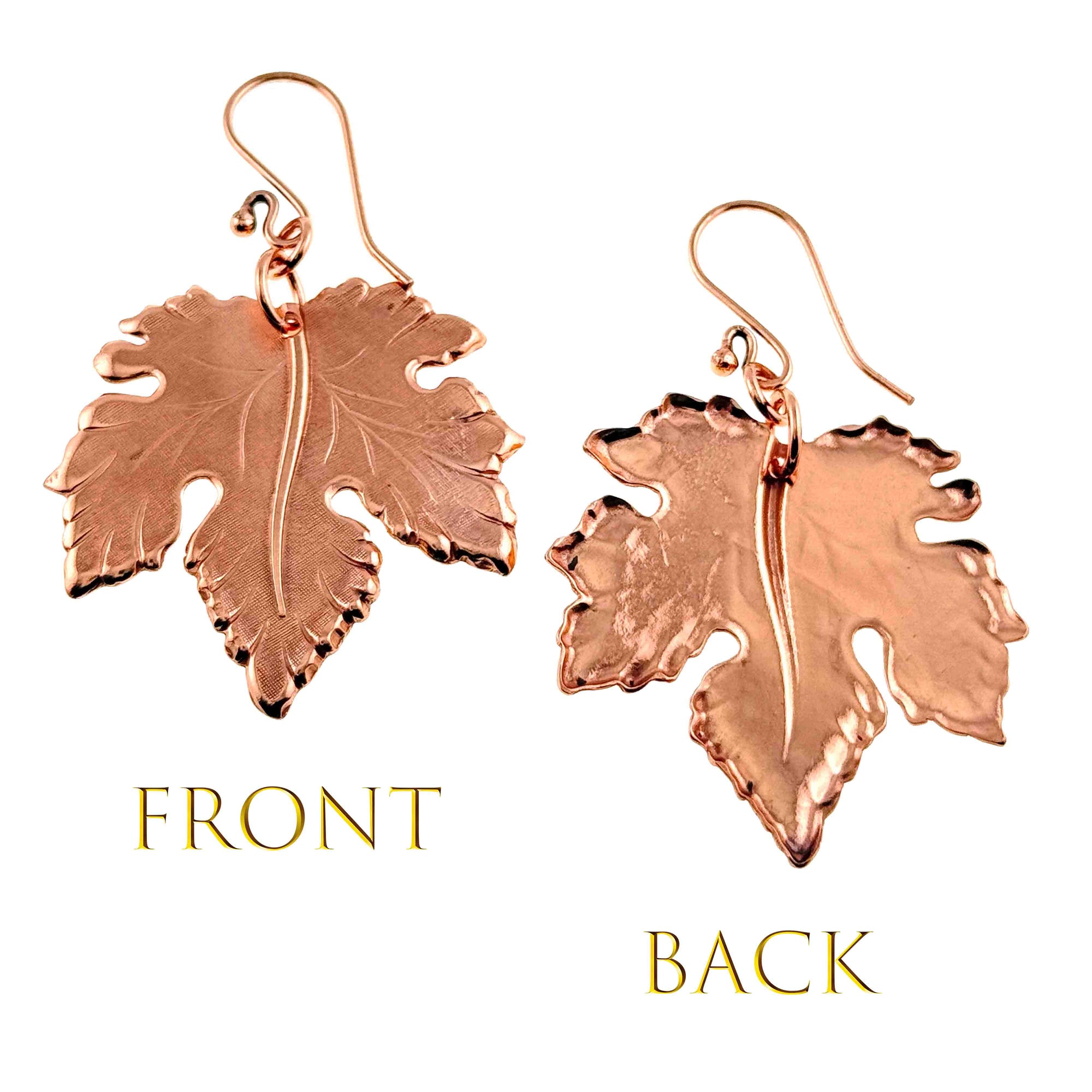 Large Maple Leaf Copper Dangle Earrings  showing front and back views on a white background