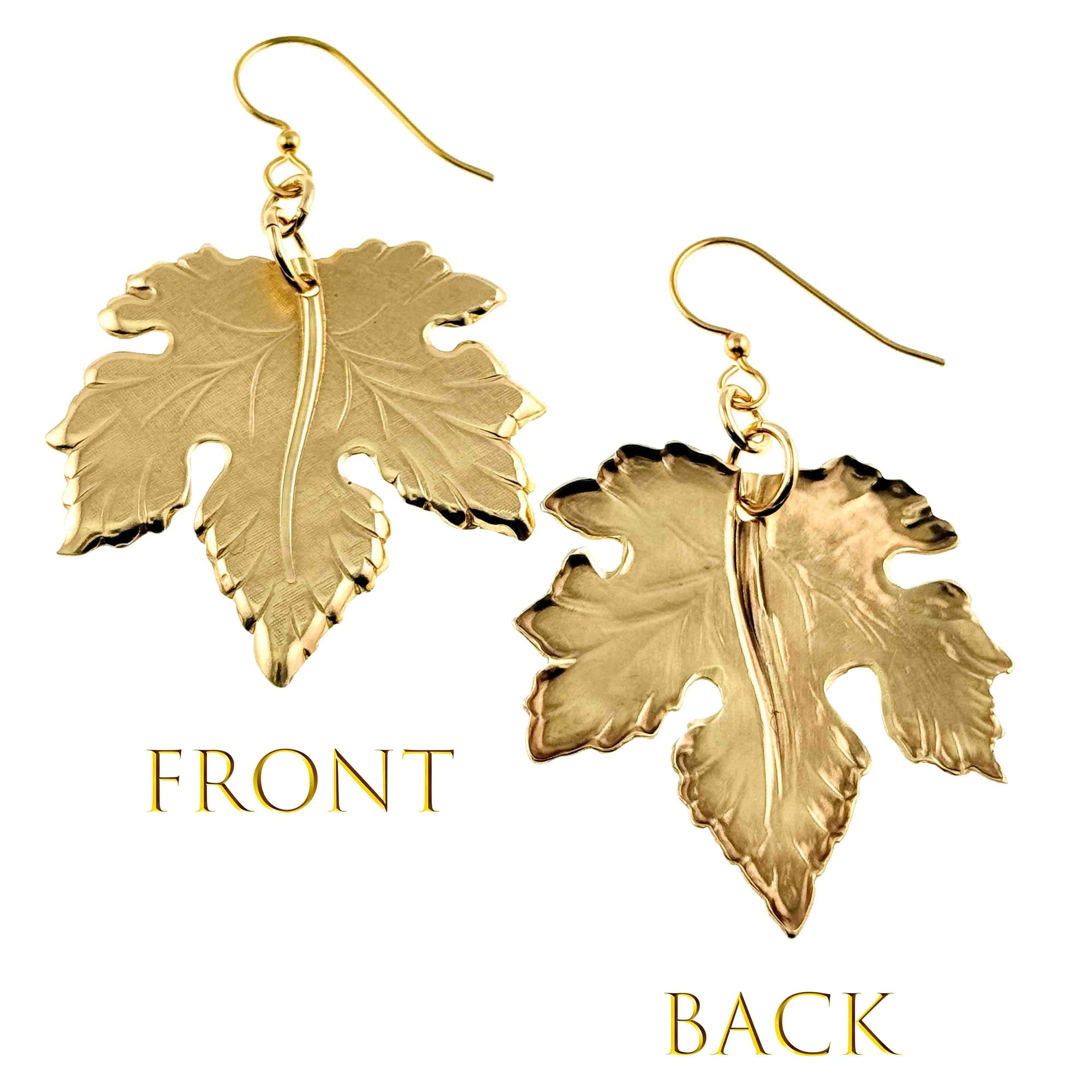 Large Maple Leaf Nu Gold Brass Dangle Earrings showing front and back views on a white background