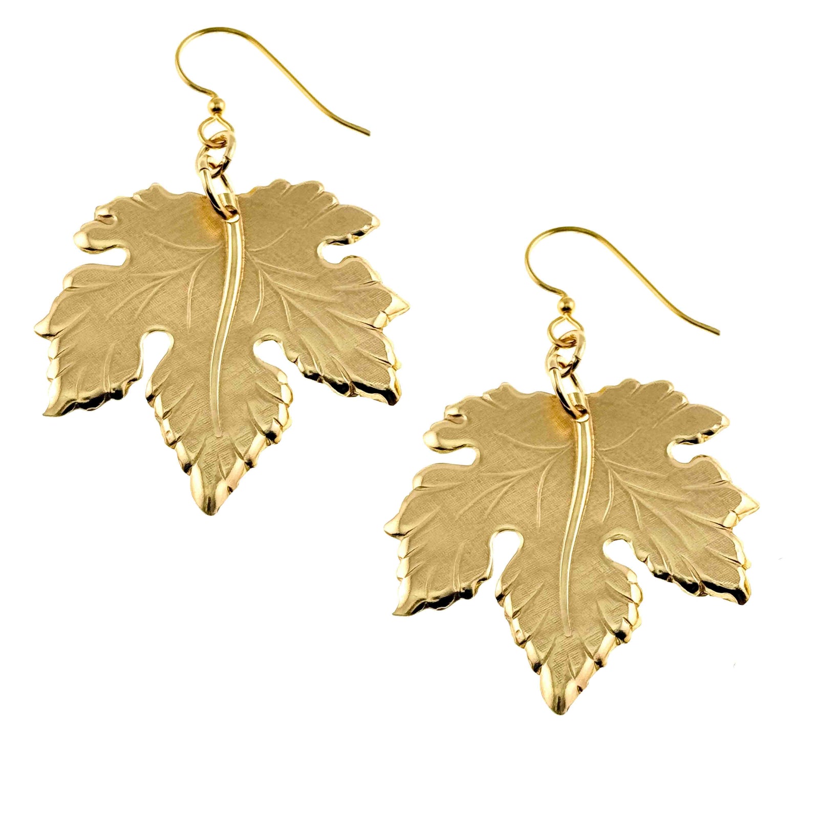 Large Maple Leaf Nu Gold Brass Dangle Earrings on a white background
