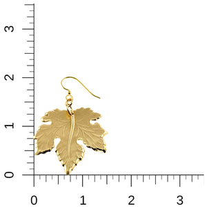 5 of 7: Large Maple Leaf Nu Gold Brass Dangle Earrings on a white background with a ruler for scale.