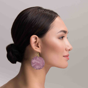 5 of 6: A Stunning Woman Wearing Large Mauve Anodized Aluminum Large Lily Earrings