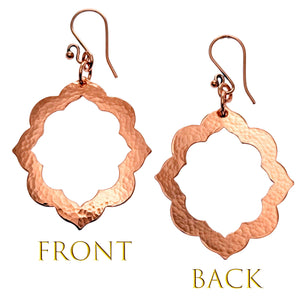 3 of 7: Front and Back Views of Large Pierced Hammered Copper Arabesque Flower Earrings