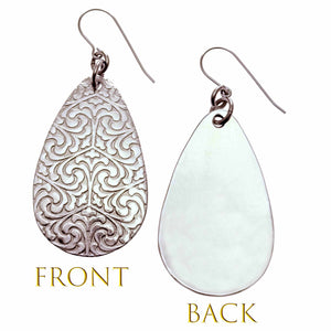 3 of 8: Front and Back Views of Damask Embossed Large Aluminum Teardrop Earrings