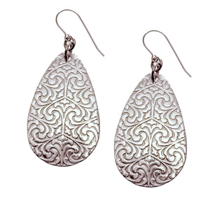 1 of 8: A Pair of Damask Embossed Large Aluminum Teardrop Earrings on a White Background