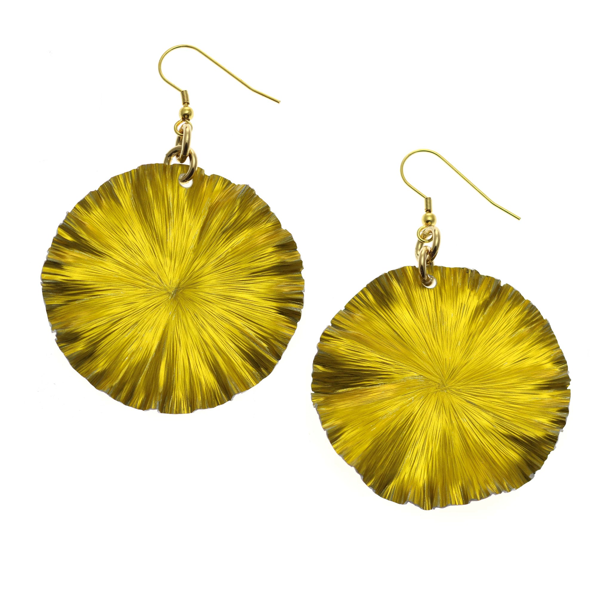 A Pair of Large Canary Yellow Lily Pad Anodized Aluminum Leaf Earrings on a White Background